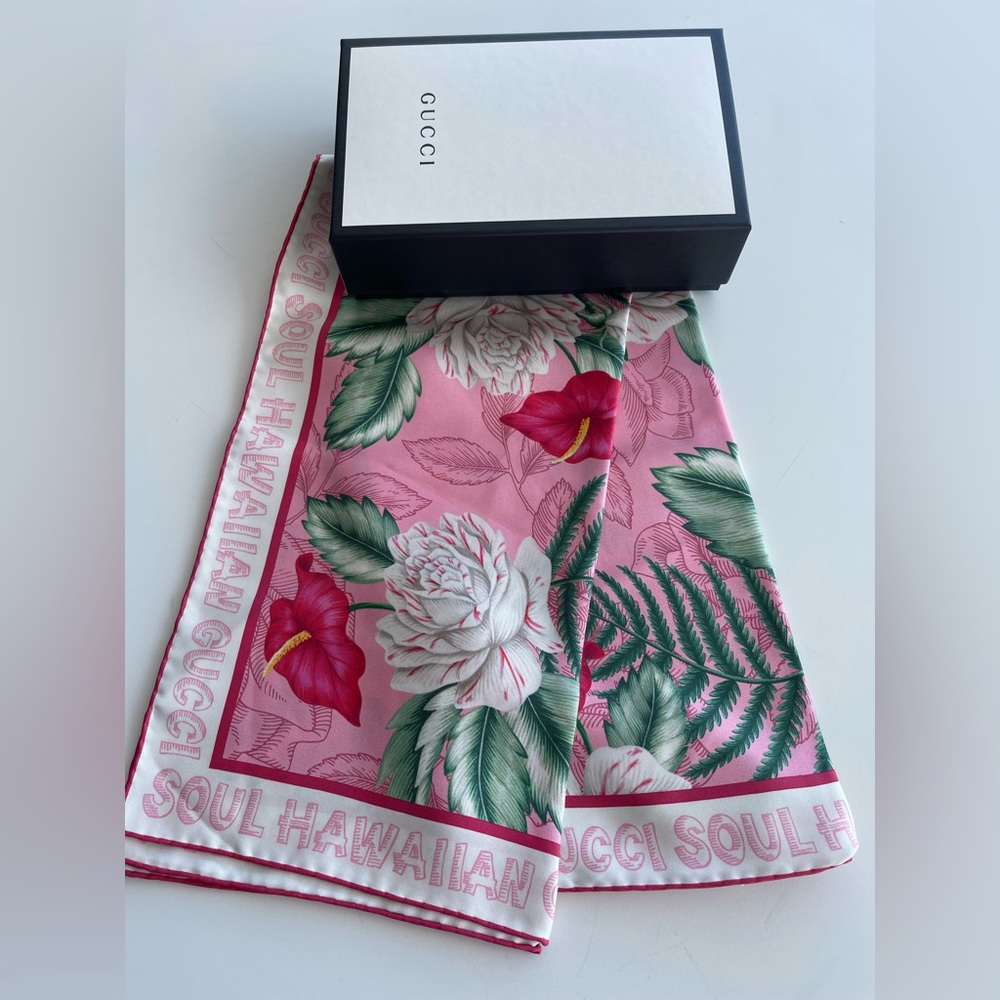 Gucci Pink Floral Silk Scarf with Green Leaf Motif